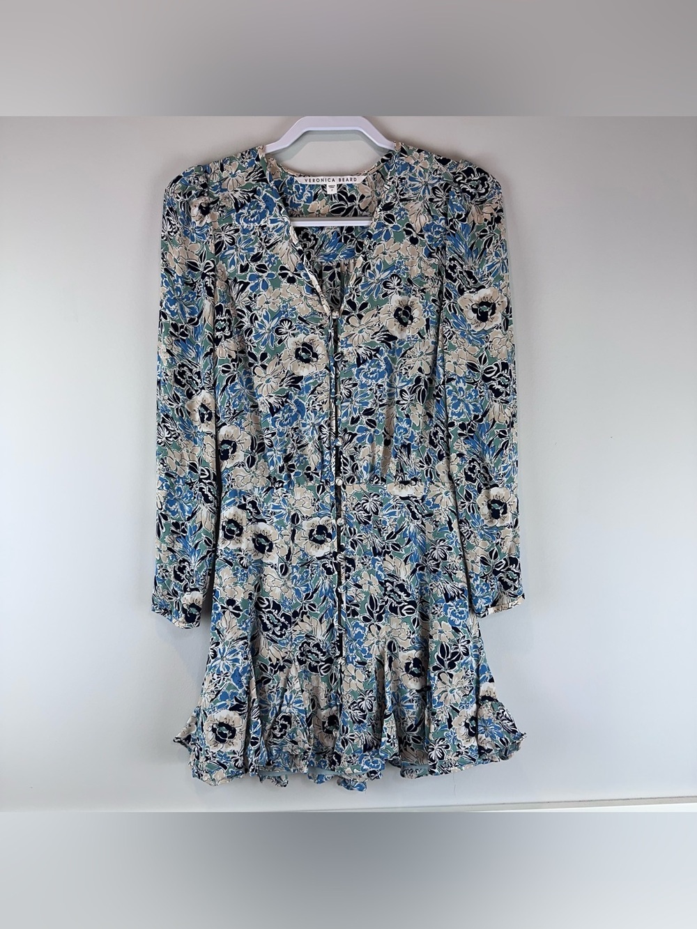 Veronica Beard Blue Cream Floral Riggins 100% Silk Long Sleeve Chic Dress Size 2